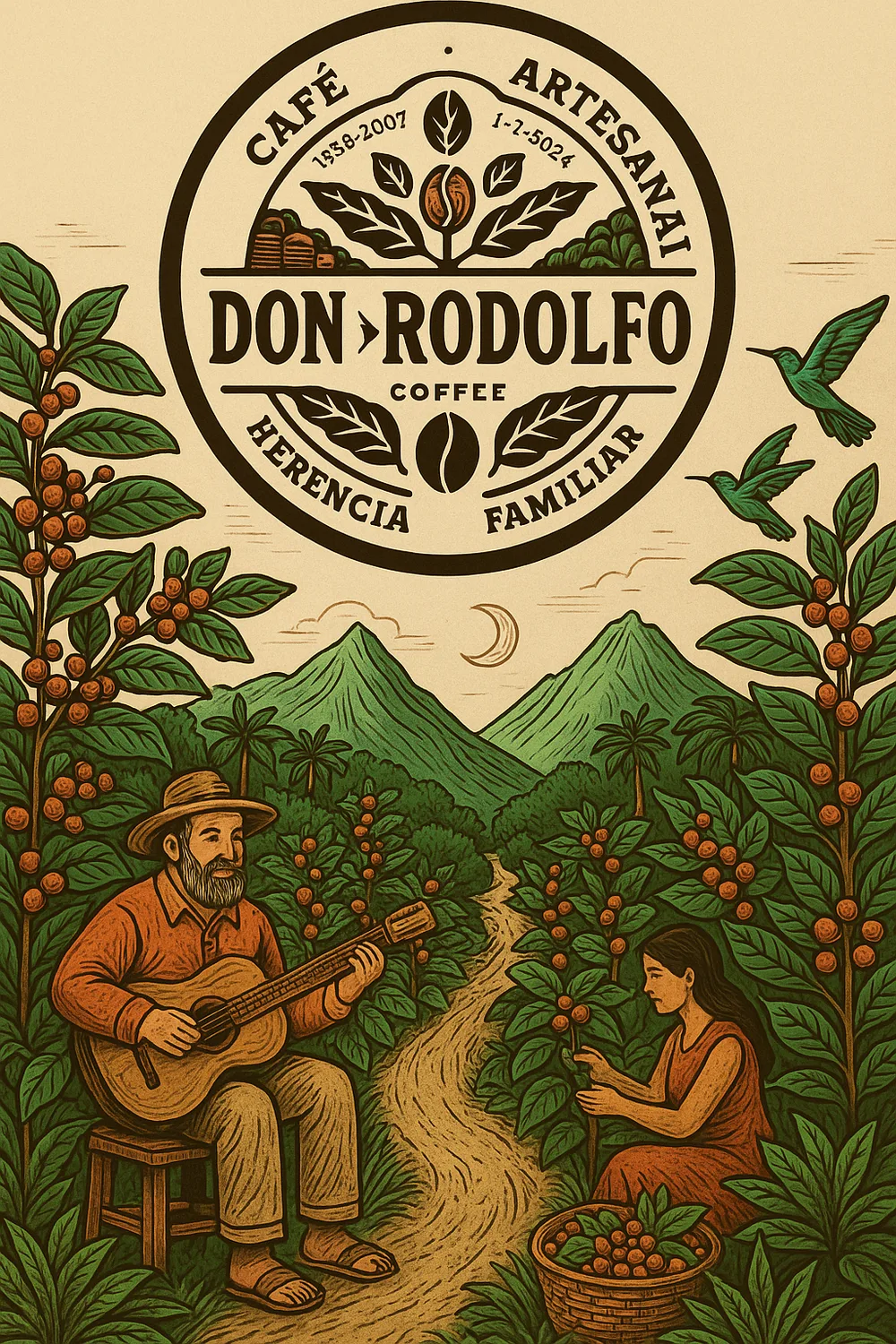 Ilustración de la finca: Don Rodolfo tocando guitarra entre cafetales, con colibríes y montañas